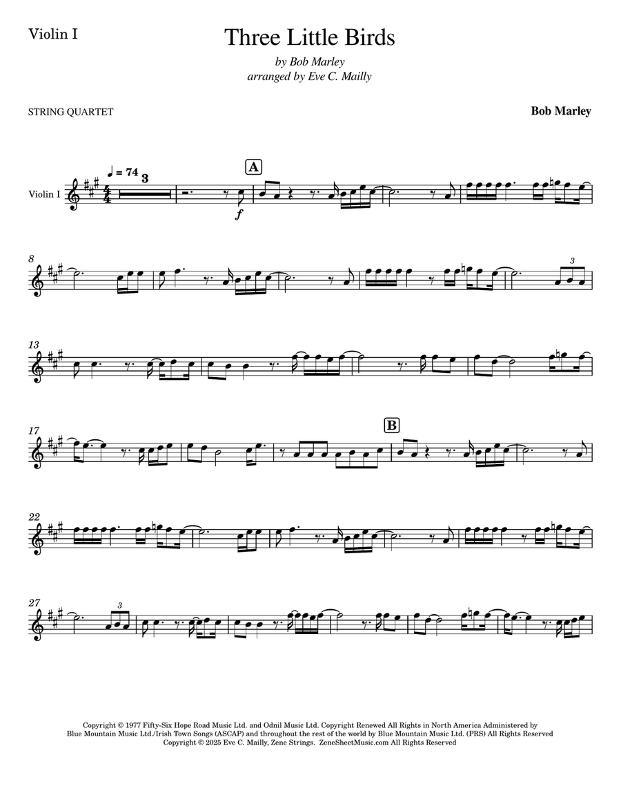 Three Little Birds String Quartet scores gallery preview page 5