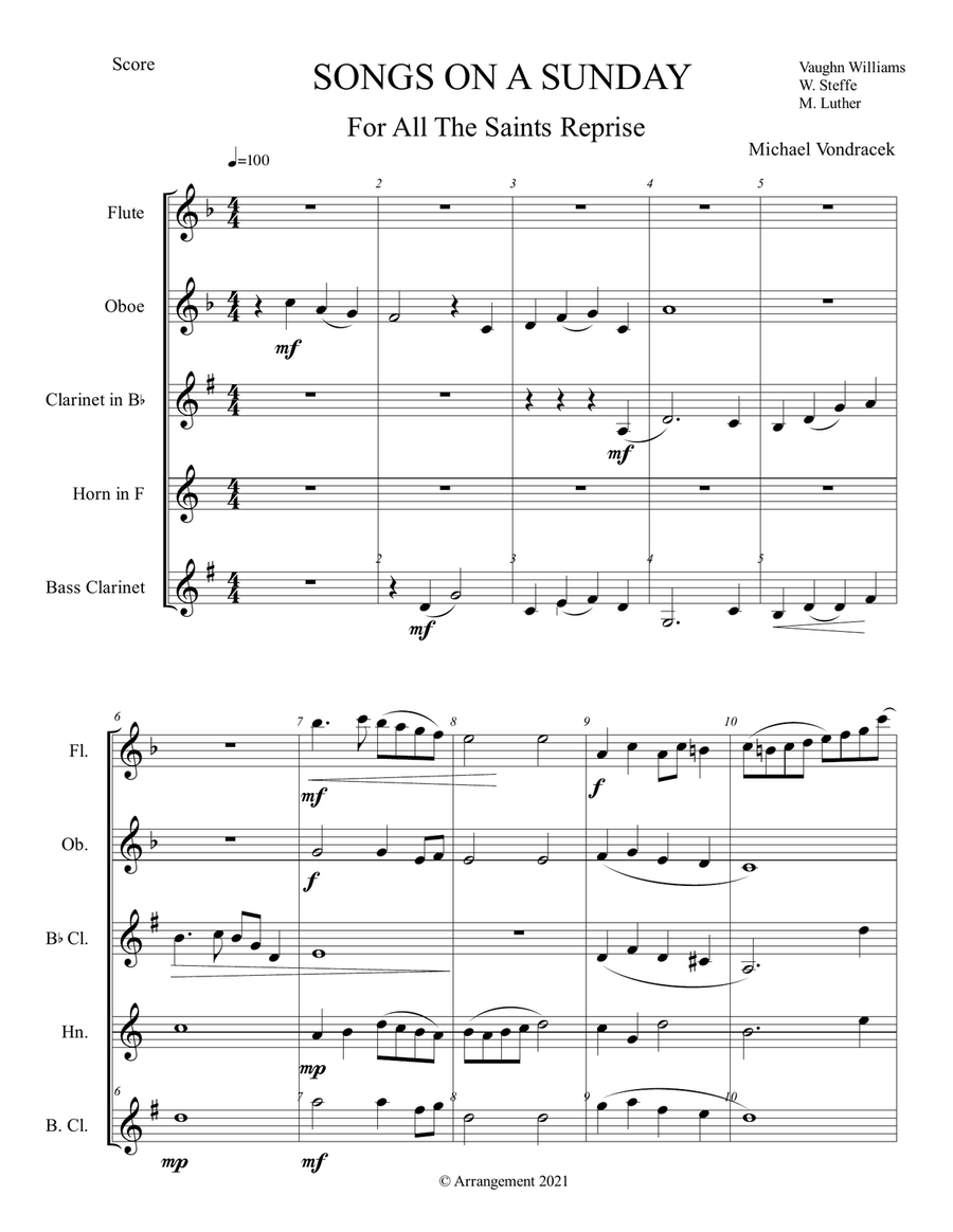 A SONG FOR SUNDAY REPRISE (includes sections of For All The Saints, Battle Hymn, Amazing Grace Woodwind Quintet scores gallery preview page 3