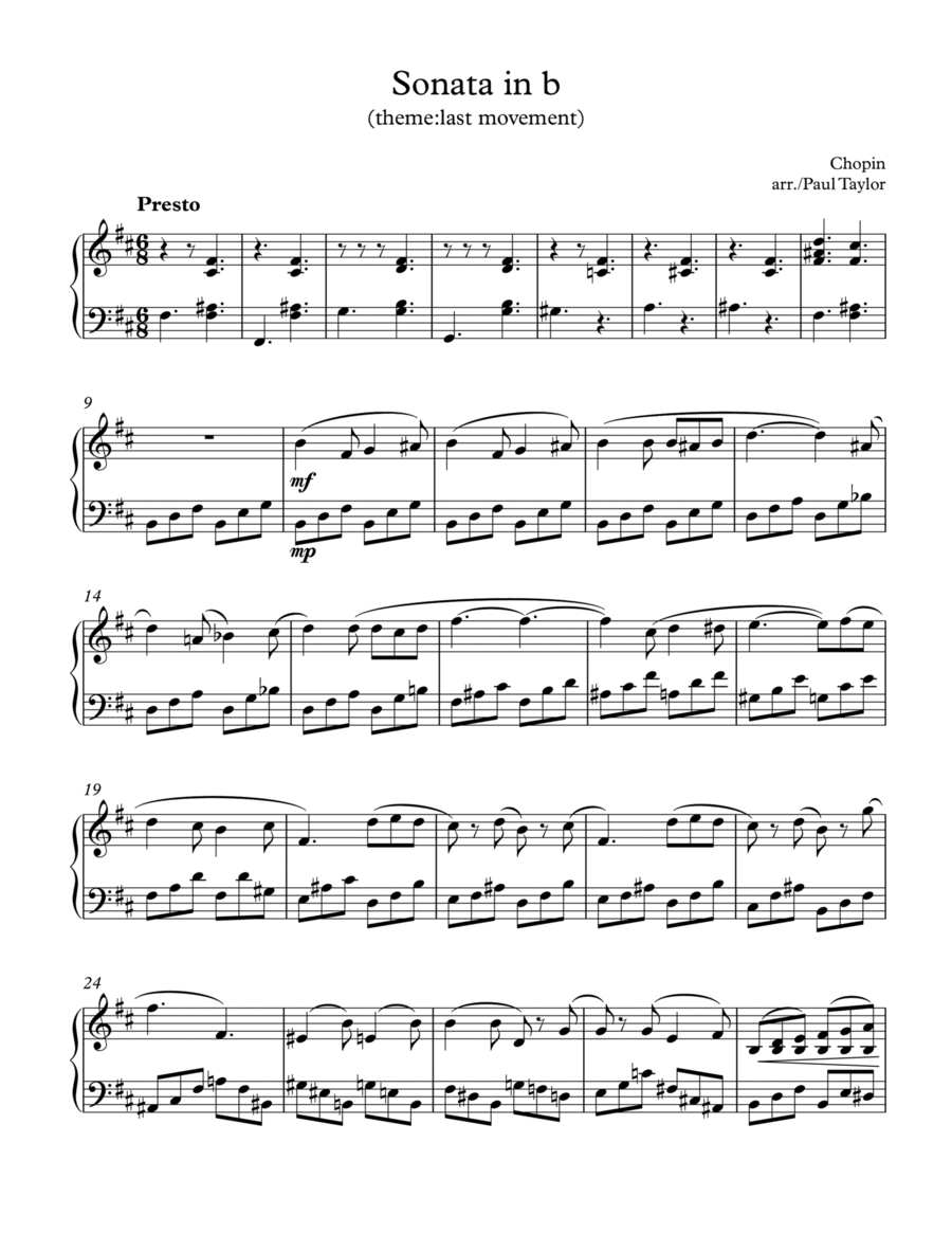 Chopin. b minor sonata theme (4th mov't) (early intermediate level) Piano Solo scores gallery preview page 1