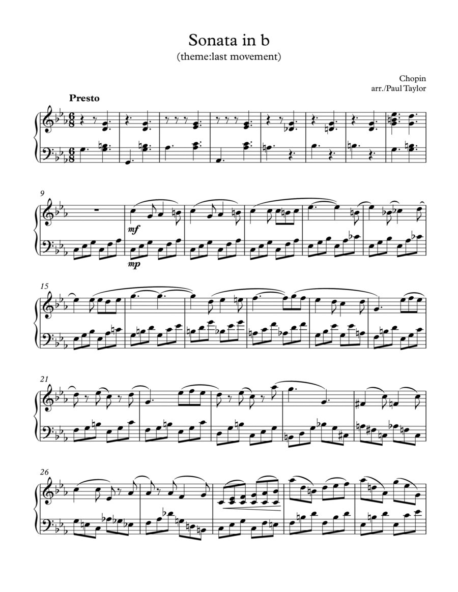 Chopin. b minor sonata theme (4th mov't) (Transposed to c-minor--early intermediate level) Piano Solo scores gallery preview page 1