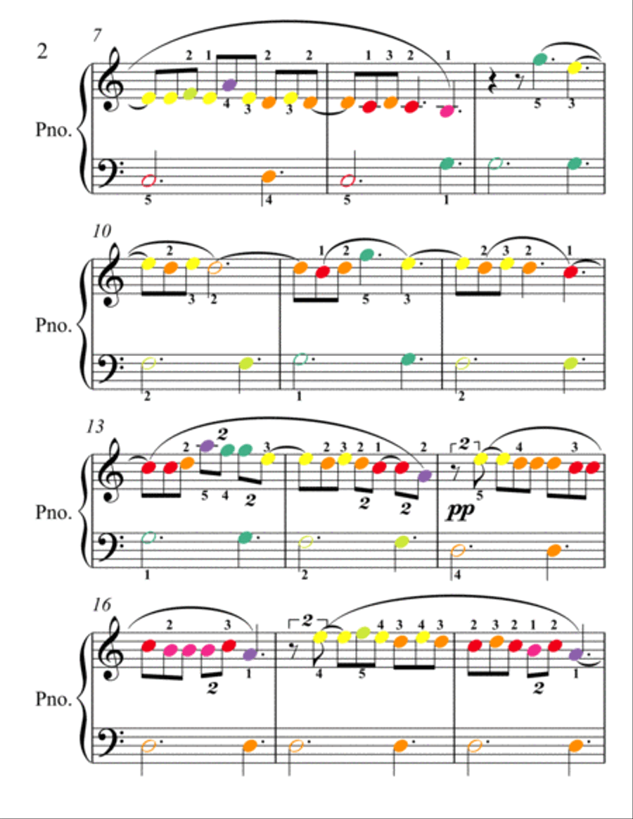 Clair de Lune Suite Bergamasque Easy Piano Sheet Music with Colored Notes Easy Piano scores gallery preview page 2