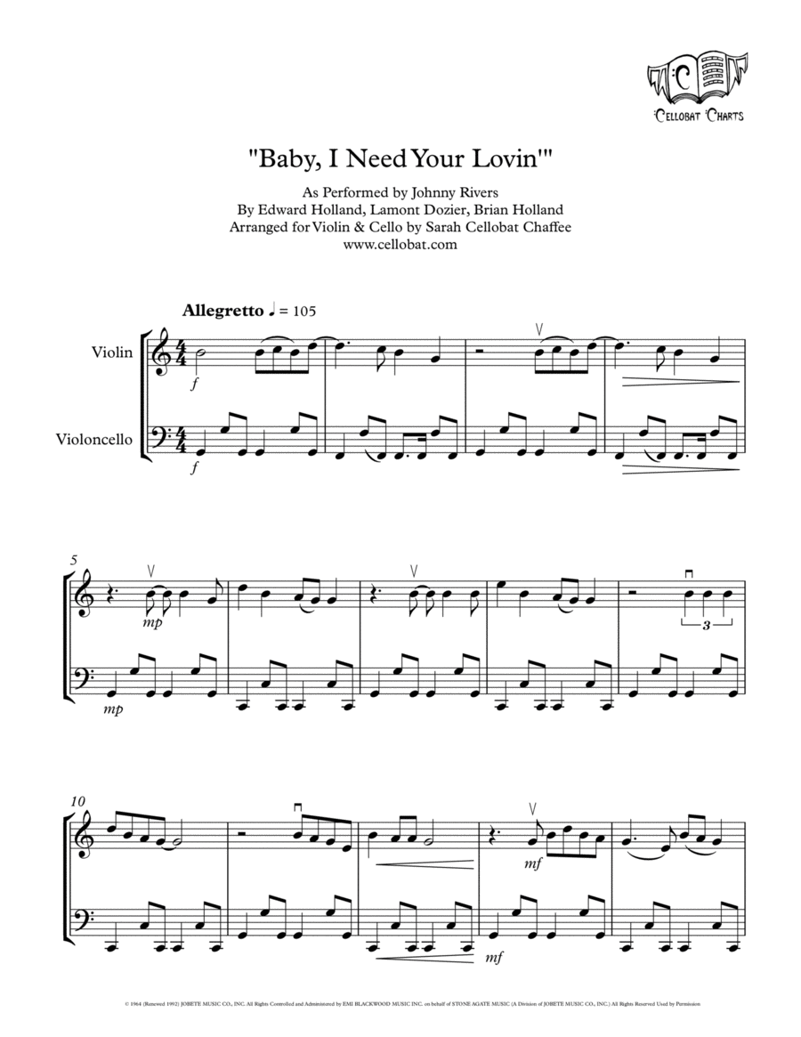 Baby I Need Your Lovin' Cello scores gallery preview page 1