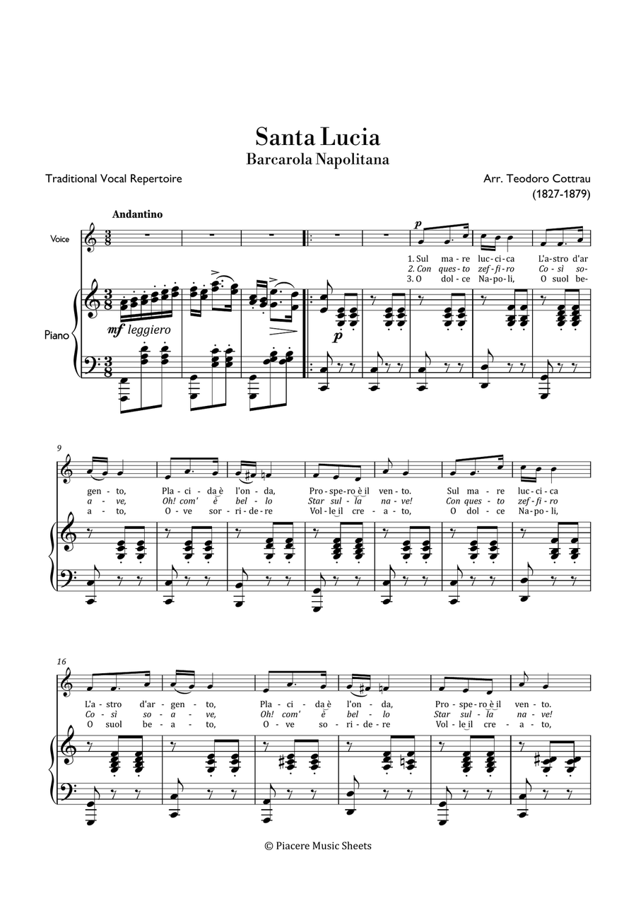 Cottrau - Santa Lucia (Traditional Neapolitan Song) in C Major - Easy Voice scores gallery preview page 2