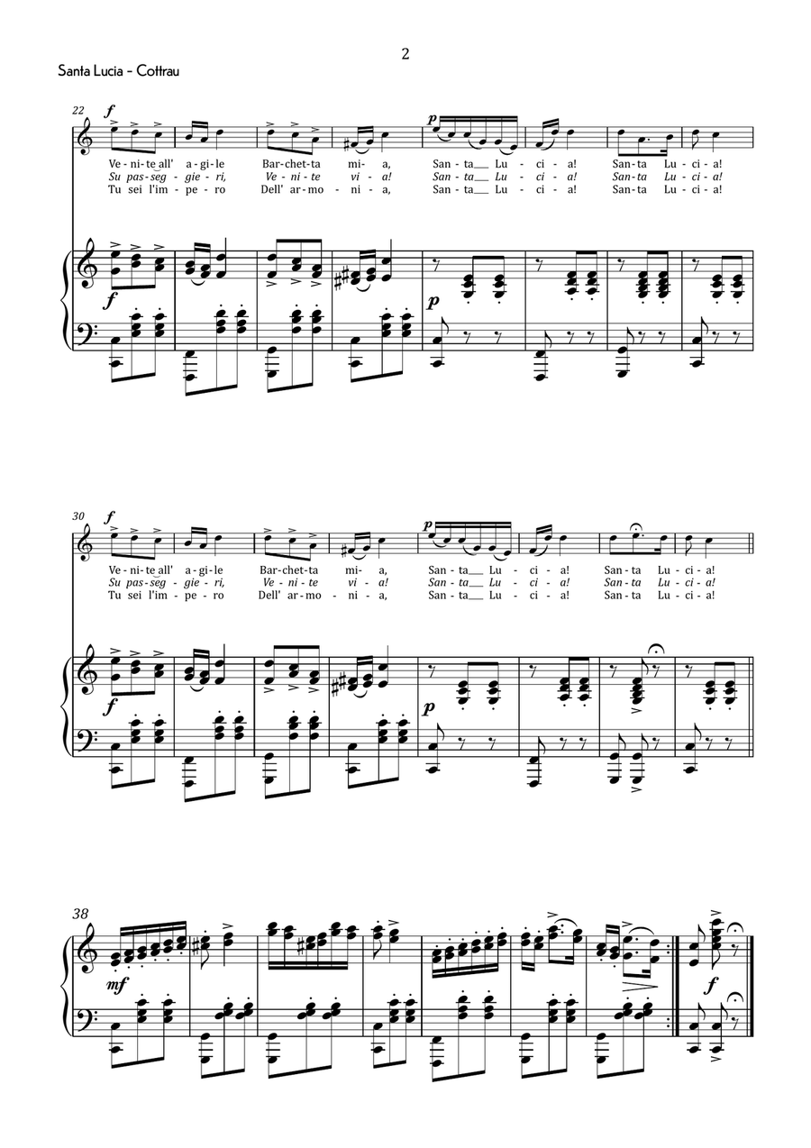 Cottrau - Santa Lucia (Traditional Neapolitan Song) in C Major - Easy Voice scores gallery preview page 3