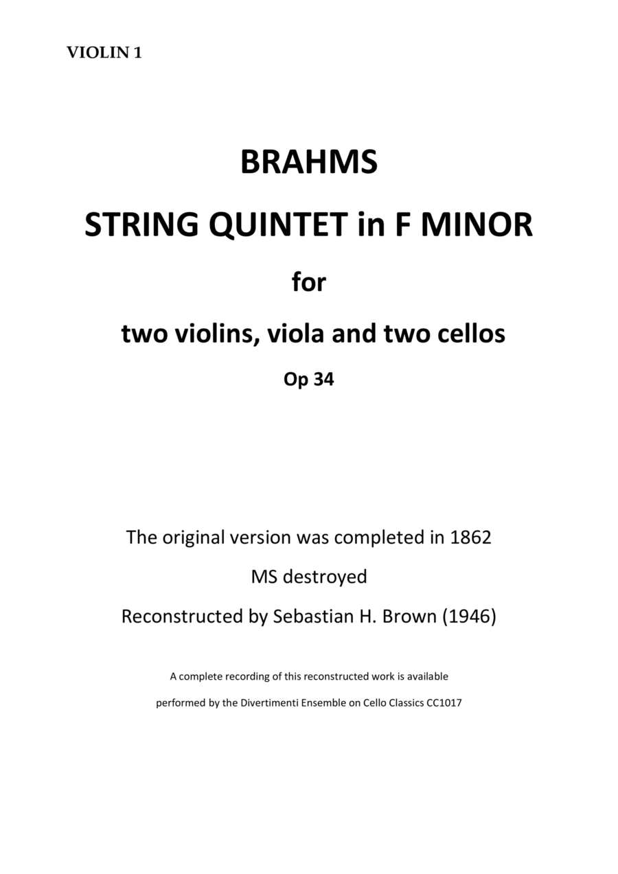 Brahms String Quintet Op34 for 2 vlns viola and 2 Cellos (Brown) COMPLETE SET String Quintet scores gallery preview page 1