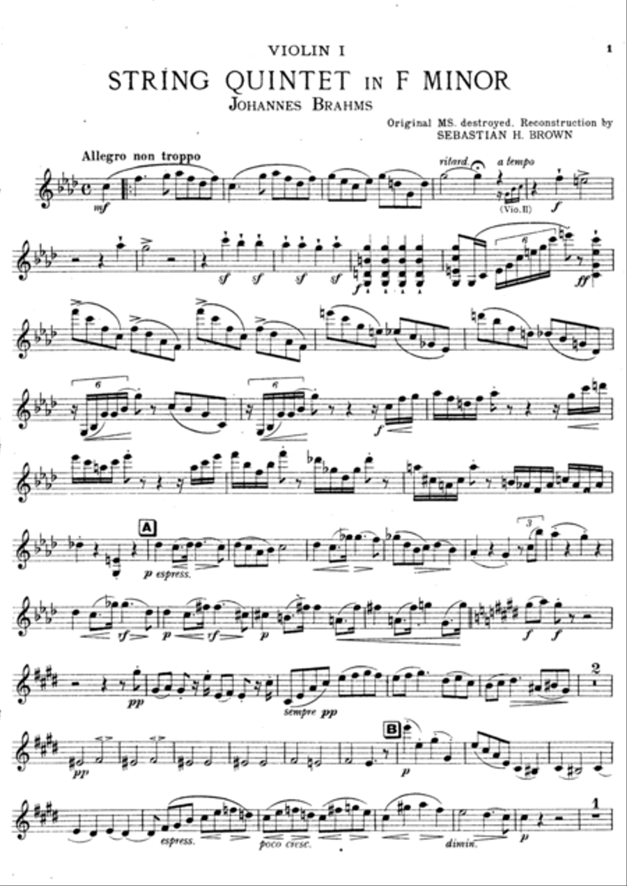 Brahms String Quintet Op34 for 2 vlns viola and 2 Cellos (Brown) COMPLETE SET String Quintet scores gallery preview page 2