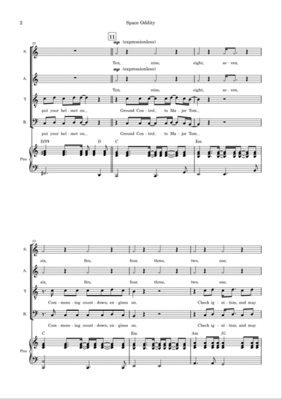 Space Oddity (arr. Tim Allen) - Full Score by David Bowie Choir - Digital Sheet Music page 2