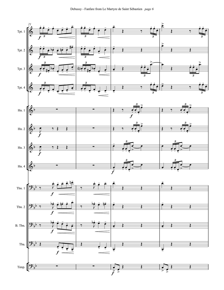 Fanfare from Le Martyre de Saint Sébastien for Brass Choir and Timpani Brass Ensemble scores gallery preview page 6
