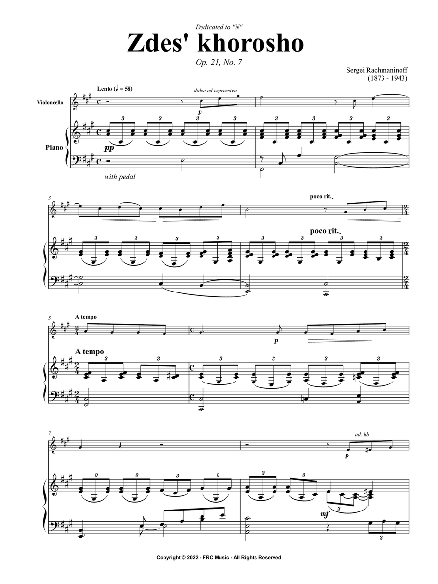 Zdes' Khorosho, Op. 21, No. 7 (as played by Yo Yo Ma and Kathryn Stott) Piano scores gallery preview page 3