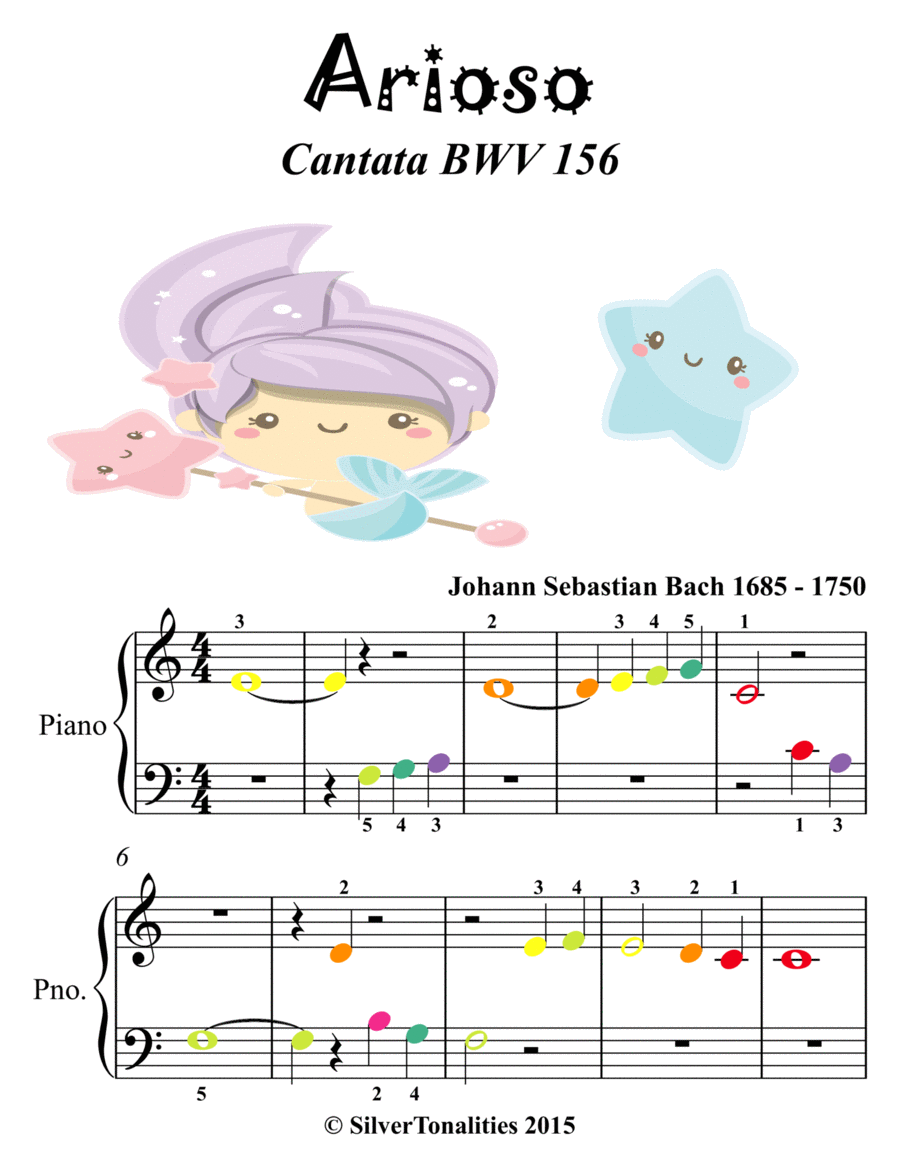 Arioso BWV 156 Beginner Piano Sheet Music with Colored Notes Easy Piano scores gallery preview page 1
