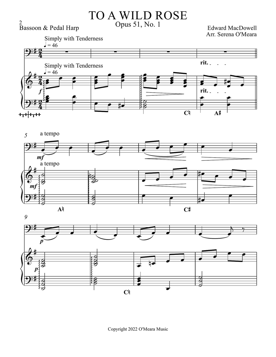 To a Wild Rose, Duet for Bassoon & Pedal Harp Bassoon scores gallery preview page 2