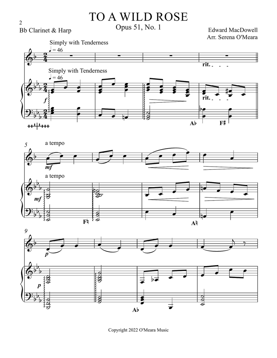 To a Wild Rose, Duet for Bb Clarinet & Pedal Harp B-Flat Clarinet scores gallery preview page 2