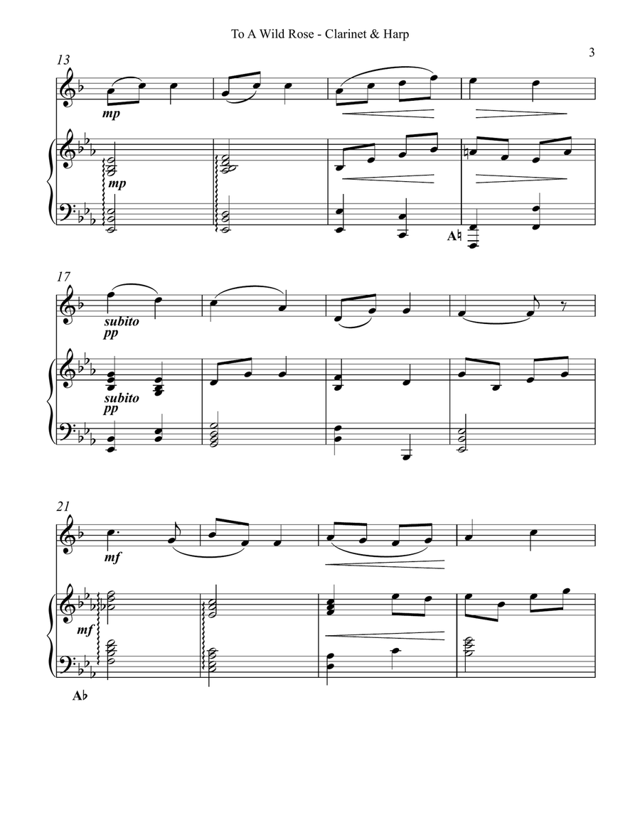 To a Wild Rose, Duet for Bb Clarinet & Pedal Harp B-Flat Clarinet scores gallery preview page 3
