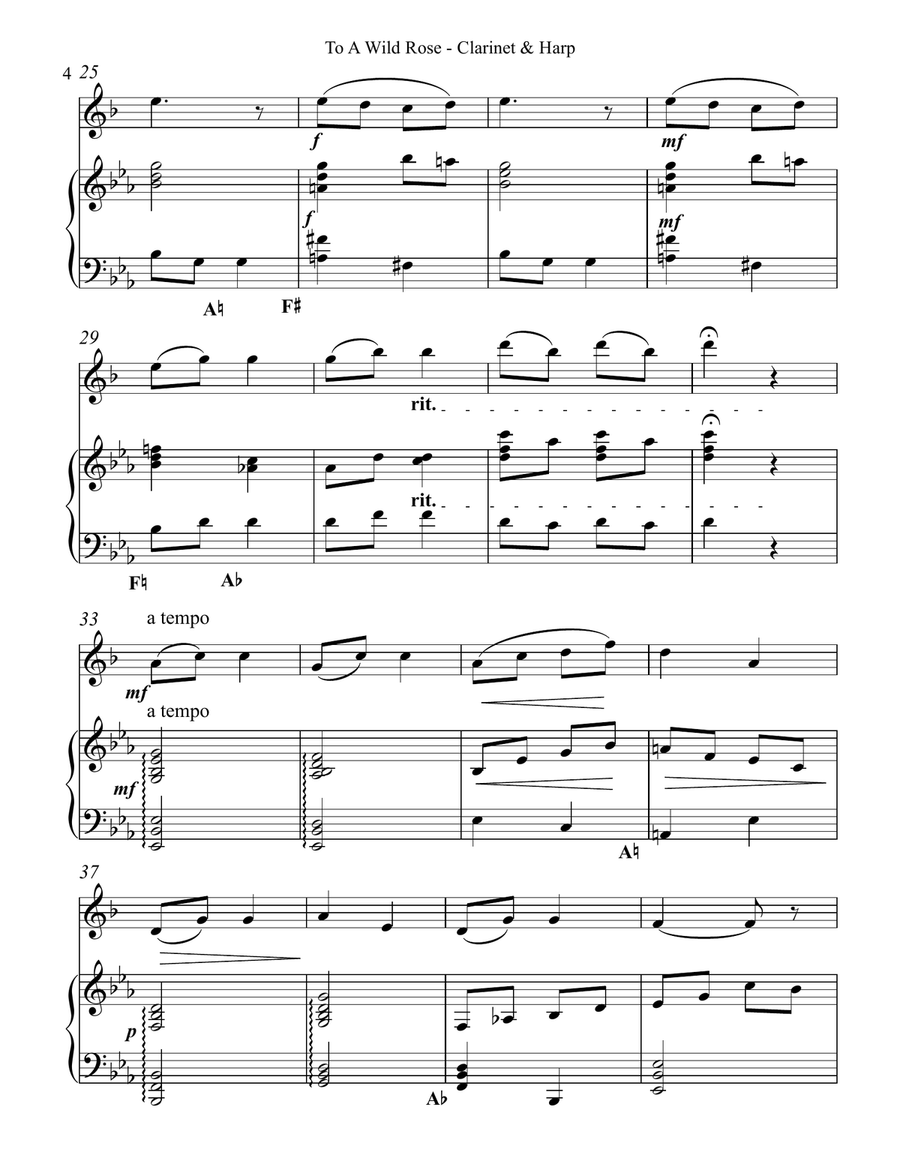 To a Wild Rose, Duet for Bb Clarinet & Pedal Harp B-Flat Clarinet scores gallery preview page 4
