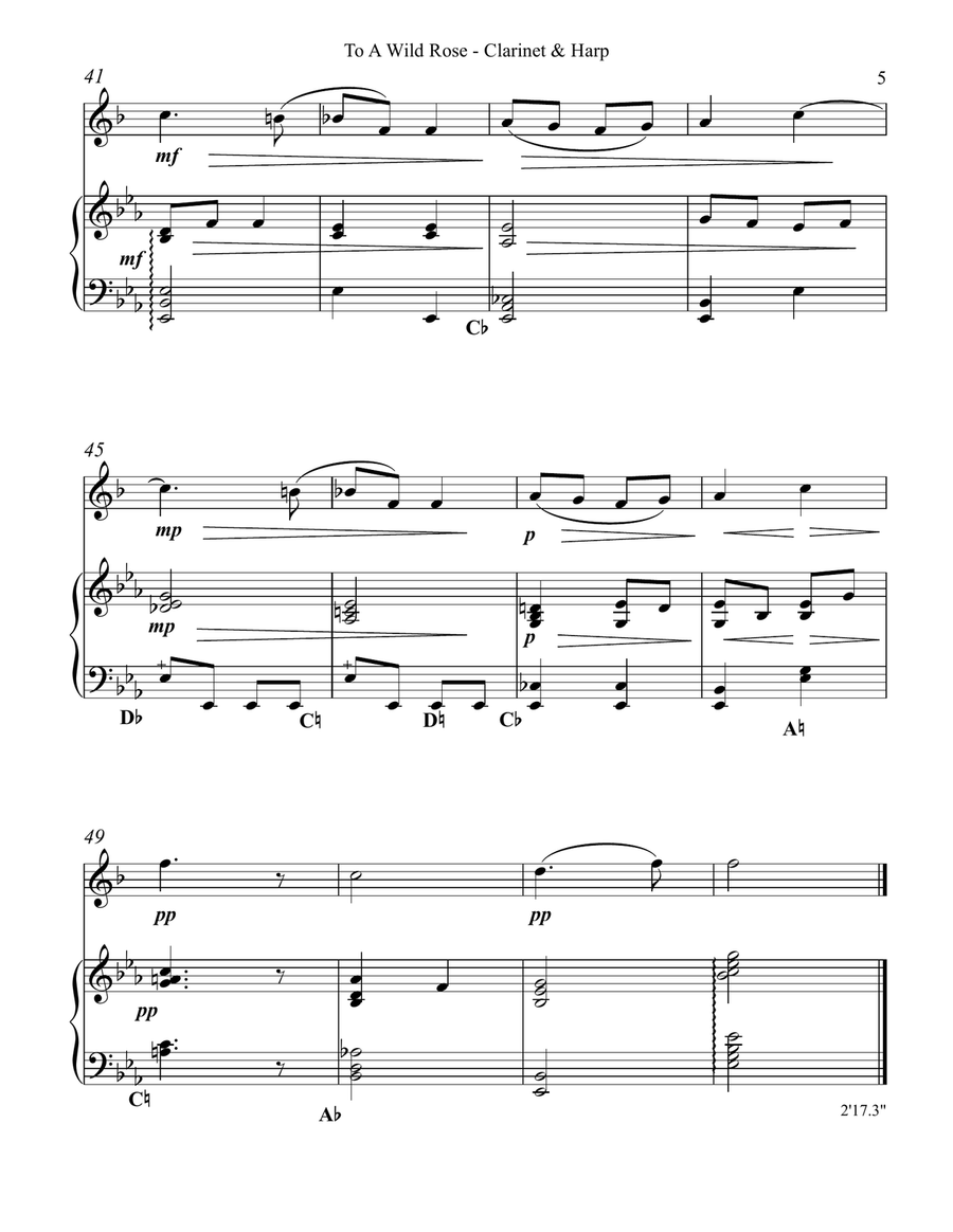 To a Wild Rose, Duet for Bb Clarinet & Pedal Harp B-Flat Clarinet scores gallery preview page 5