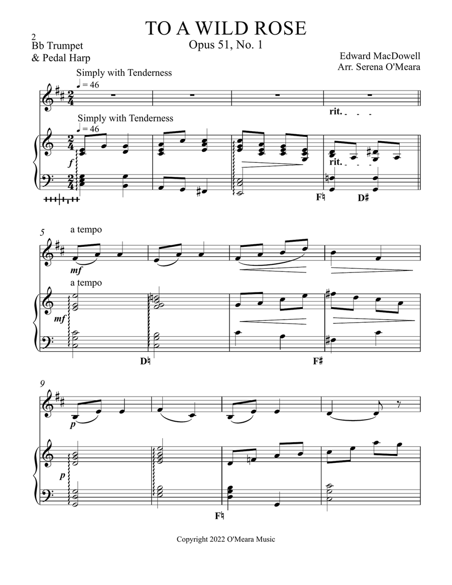 To a Wild Rose, Duet for Bb Trumpet & Pedal Harp To a Wild Rose, Duet for Bb Trumpet & Pedal Harp Trumpet Duet scores gallery preview page 2