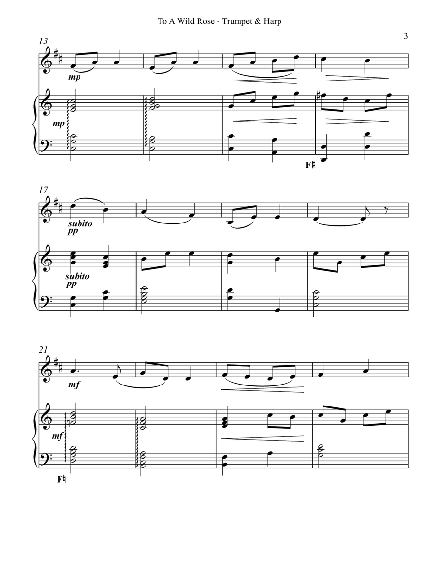 To a Wild Rose, Duet for Bb Trumpet & Pedal Harp To a Wild Rose, Duet for Bb Trumpet & Pedal Harp Trumpet Duet scores gallery preview page 3