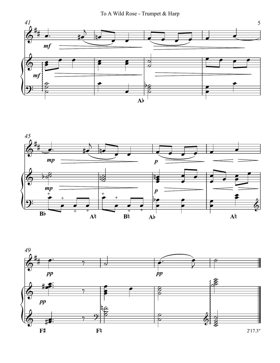To a Wild Rose, Duet for Bb Trumpet & Pedal Harp To a Wild Rose, Duet for Bb Trumpet & Pedal Harp Trumpet Duet scores gallery preview page 5