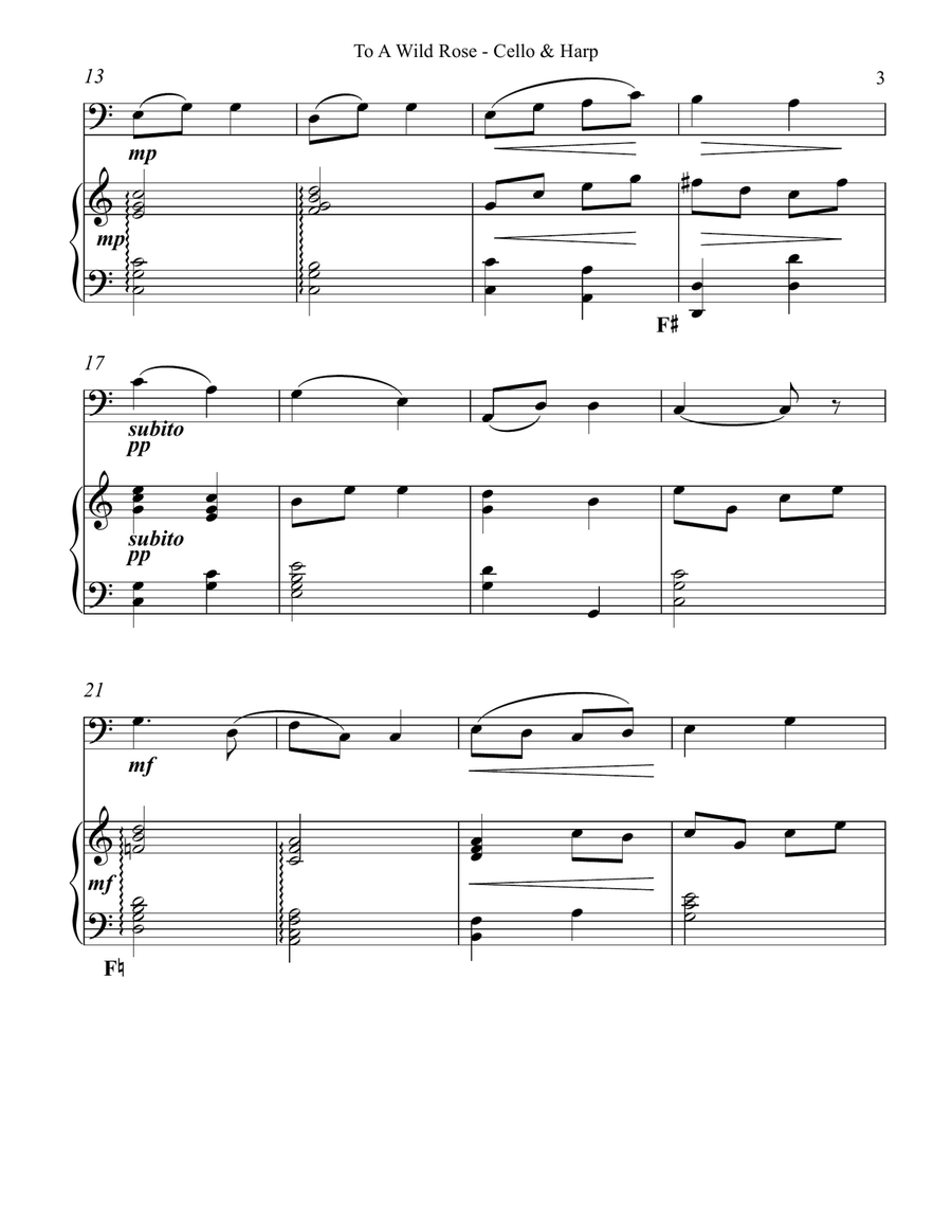 To a Wild Rose, Duet for Cello & Pedal Harp To a Wild Rose, Duet for Cello & Pedal Harp String Duet scores gallery preview page 3