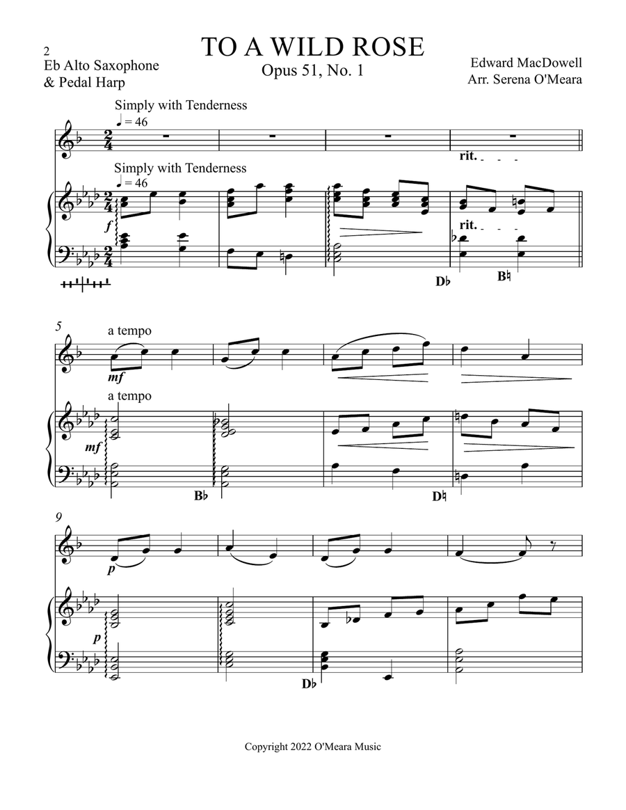 To a Wild Rose, Duet for Eb Alto Saxophone & Pedal Harp Alto Saxophone scores gallery preview page 2
