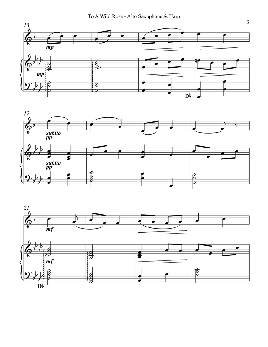 To a Wild Rose, Duet for Eb Alto Saxophone & Pedal Harp Alto Saxophone scores gallery preview page 3