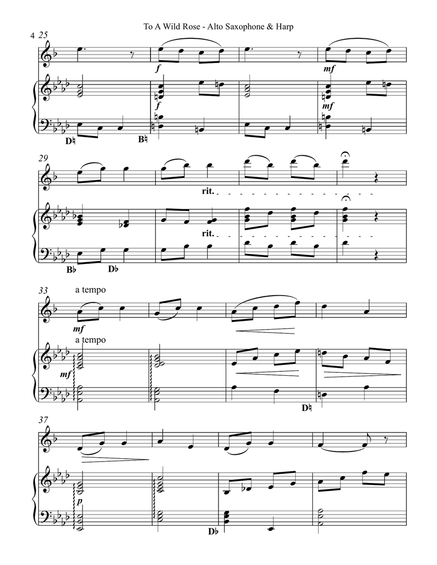 To a Wild Rose, Duet for Eb Alto Saxophone & Pedal Harp Alto Saxophone scores gallery preview page 4