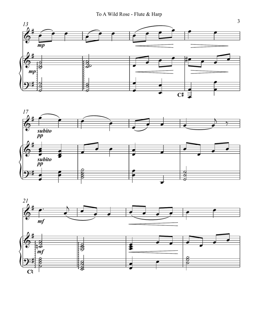 To a Wild Rose, Duet for Flute & Pedal Harp Flute scores gallery preview page 3