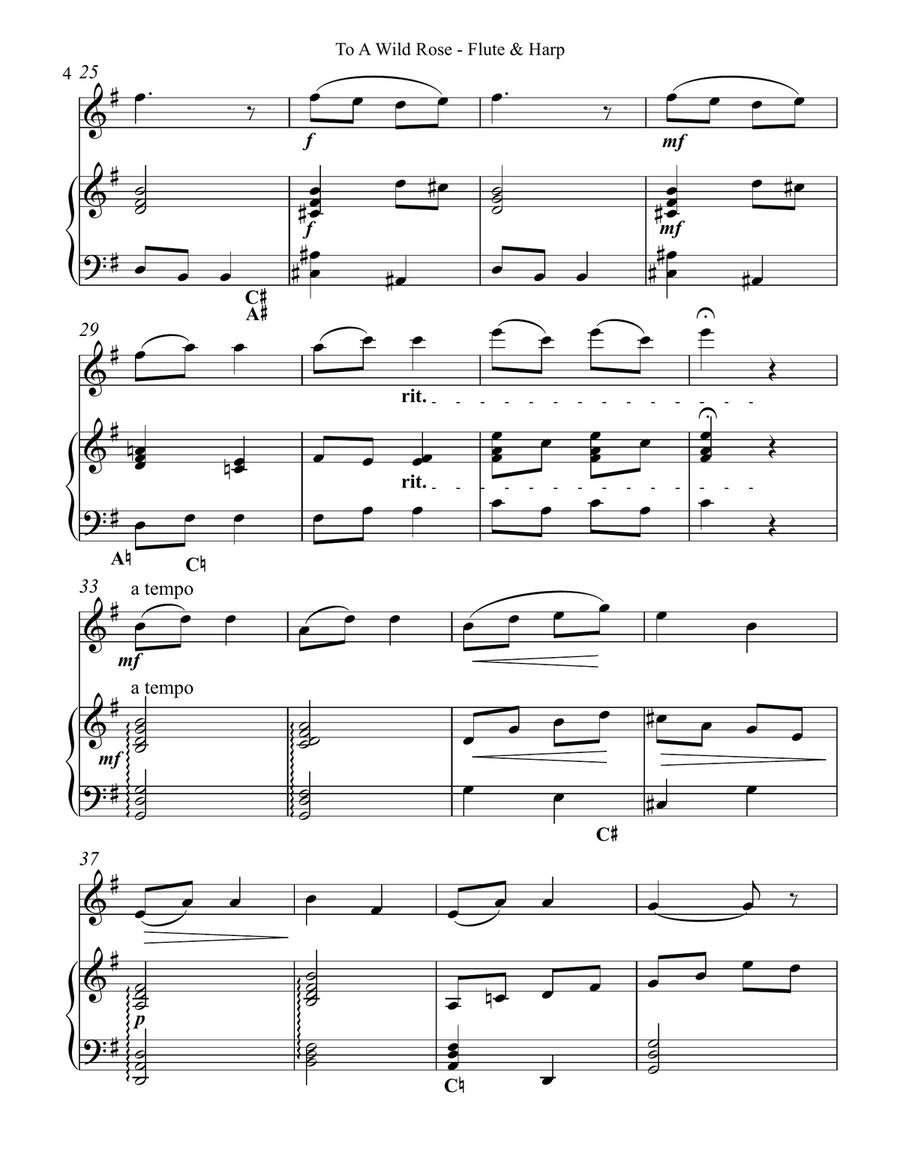 To a Wild Rose, Duet for Flute & Pedal Harp Flute scores gallery preview page 4