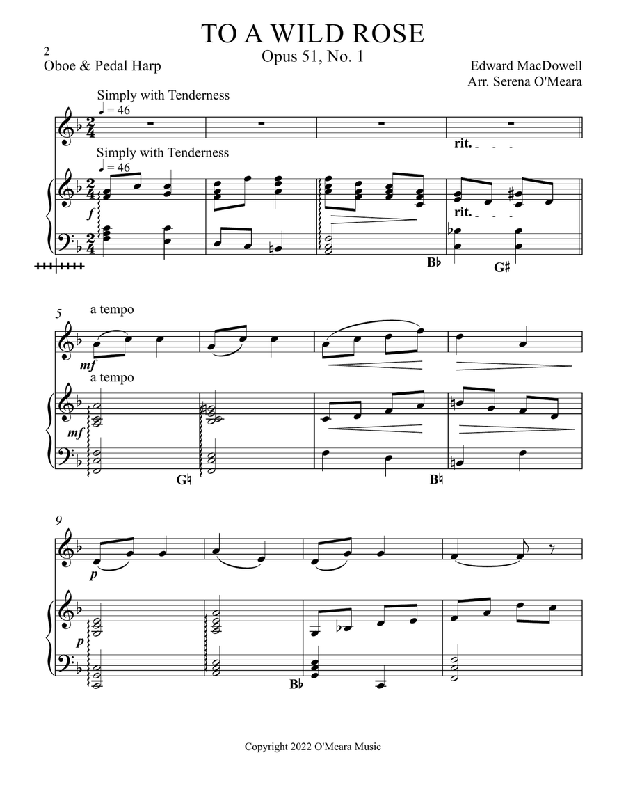 To a Wild Rose, Duet for Oboe & Pedal Harp Oboe scores gallery preview page 2