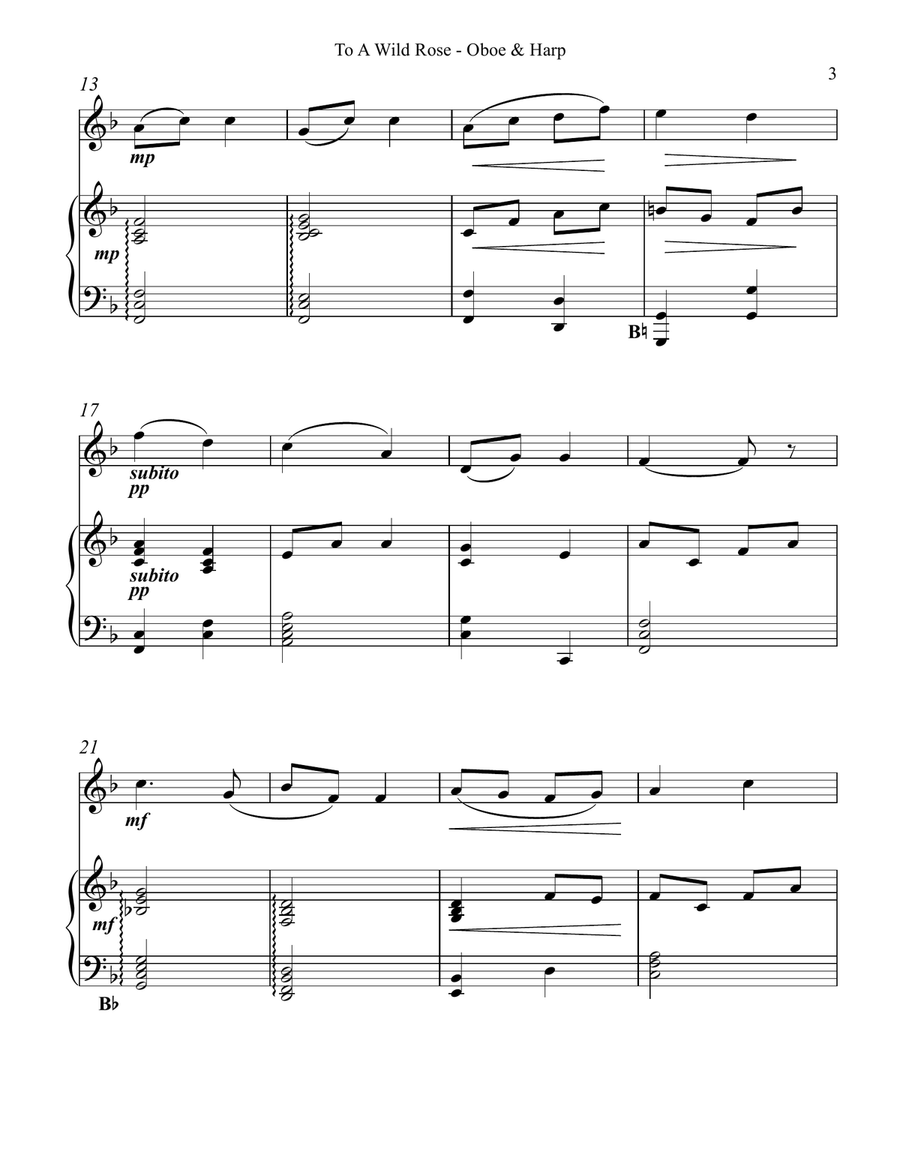 To a Wild Rose, Duet for Oboe & Pedal Harp Oboe scores gallery preview page 3