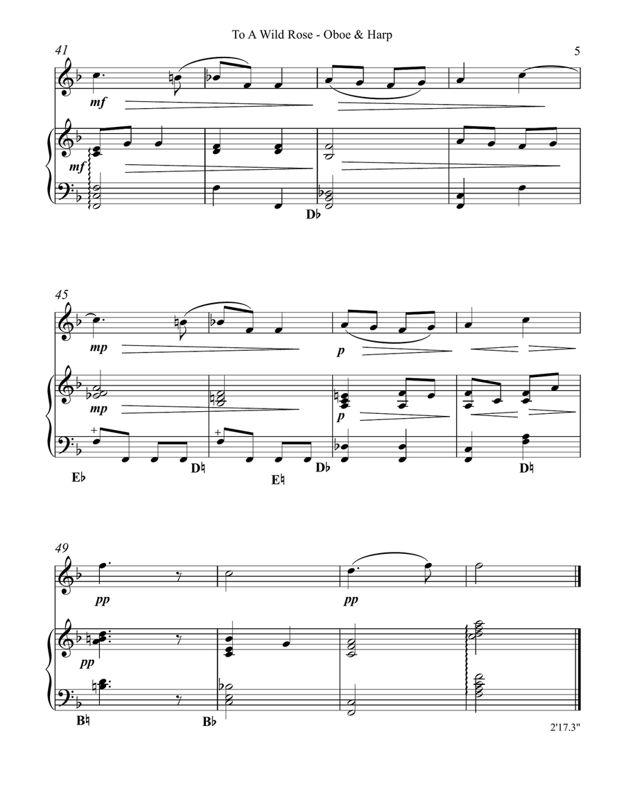 To a Wild Rose, Duet for Oboe & Pedal Harp Oboe scores gallery preview page 5