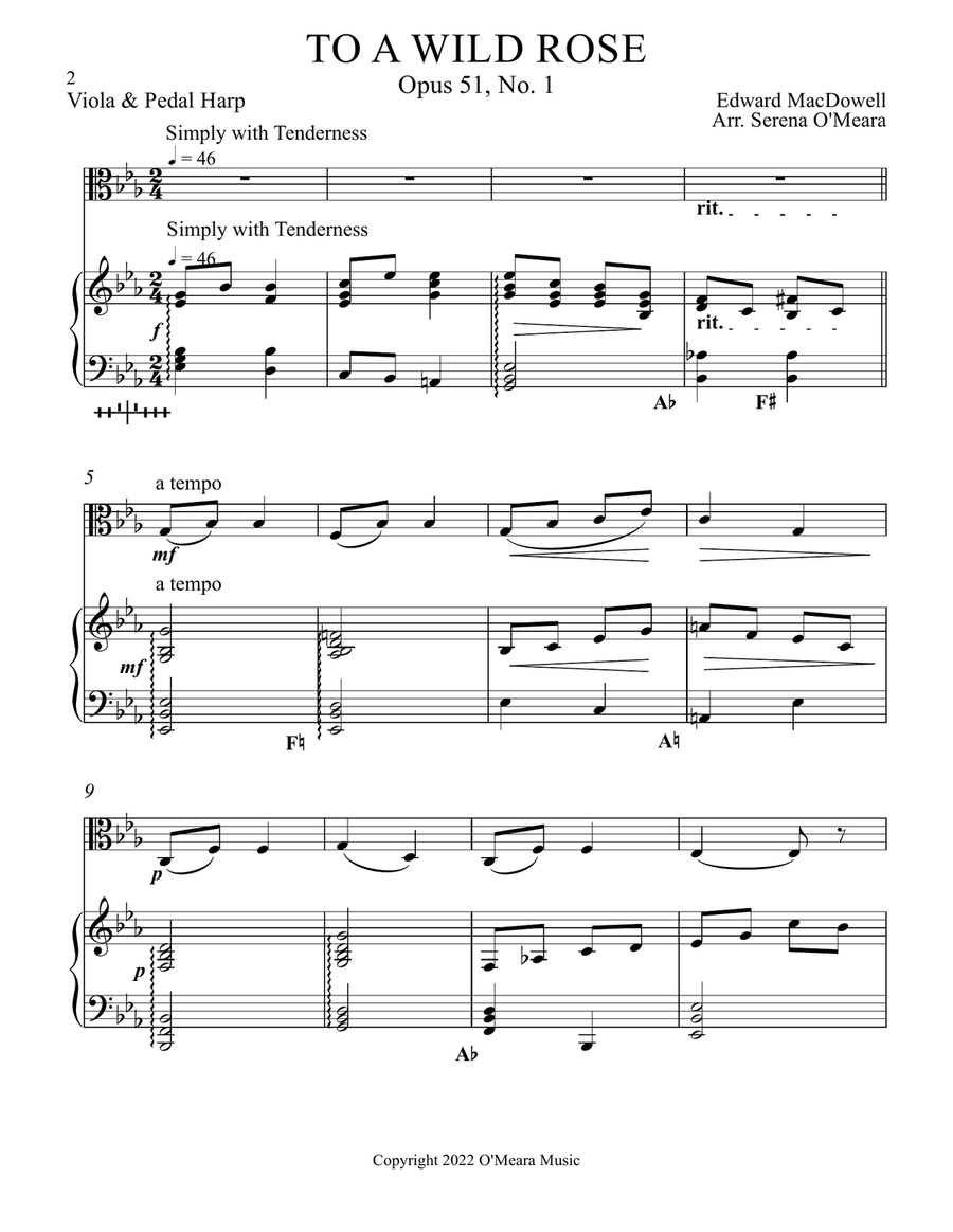 To a Wild Rose, Duet for Viola & Pedal Harp String Duet scores gallery preview page 2