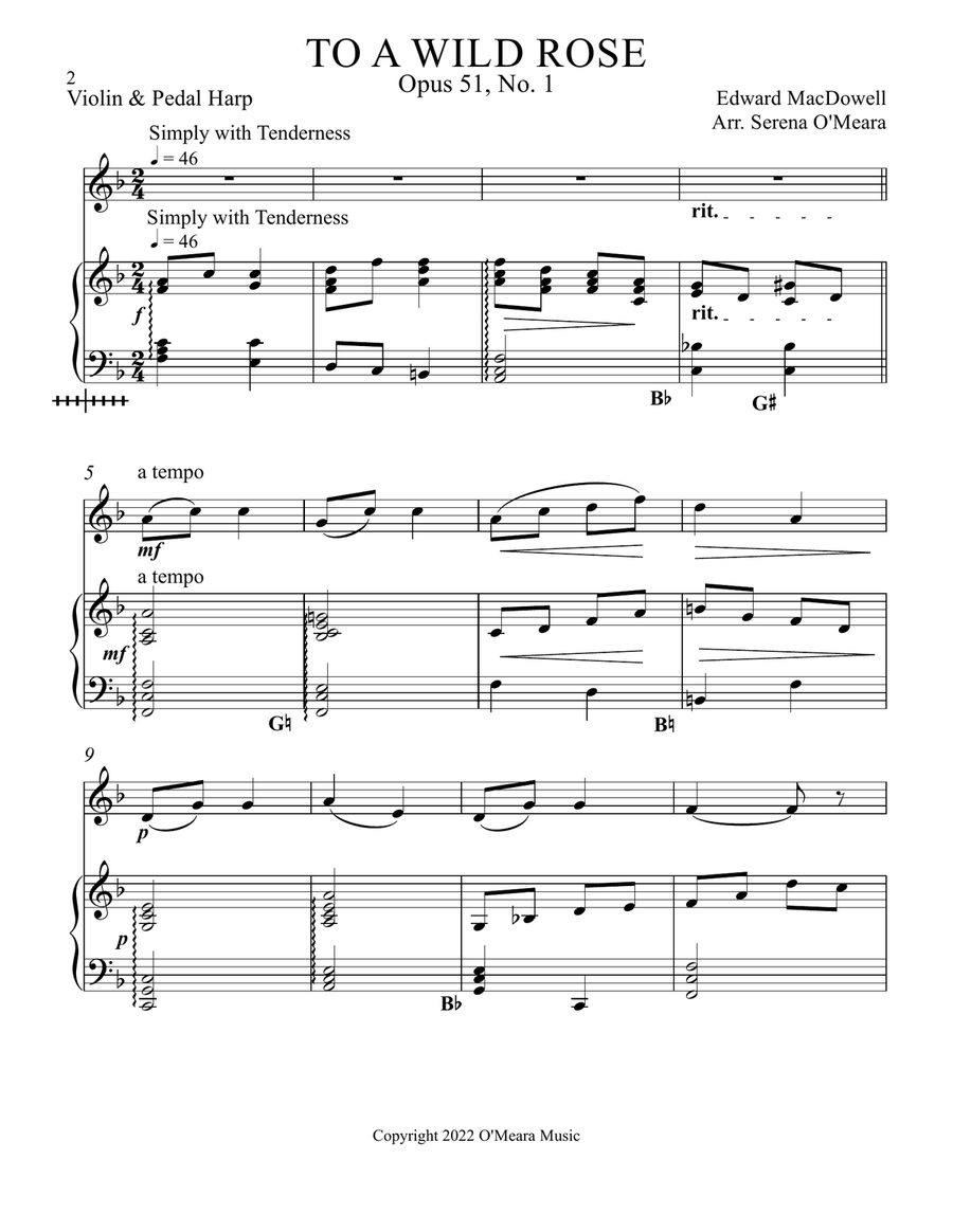 To a Wild Rose, Duet for Violin & Pedal Harp String Duet scores gallery preview page 2