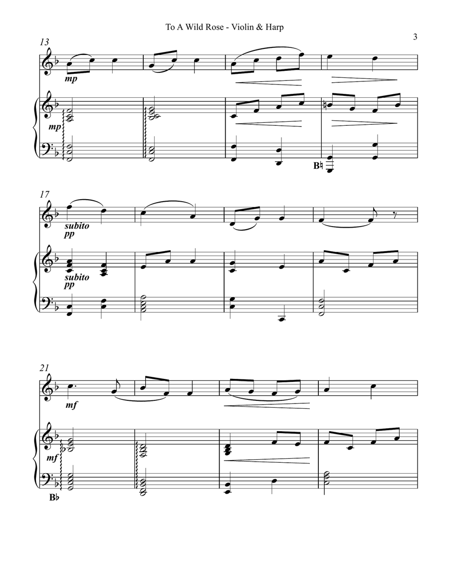 To a Wild Rose, Duet for Violin & Pedal Harp String Duet scores gallery preview page 3