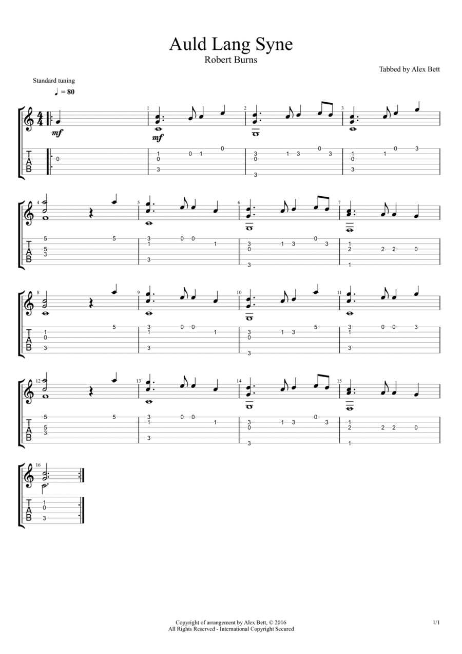 Auld Lang Syne - Chordal Version (Solo Fingerstyle Guitar) Acoustic Guitar scores gallery preview page 1