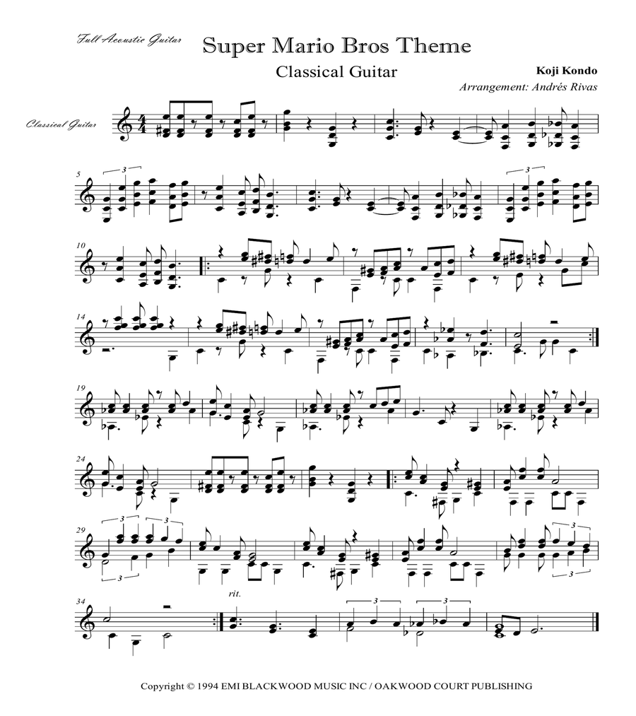 Super Mario Bros Theme Acoustic Guitar scores gallery preview page 1
