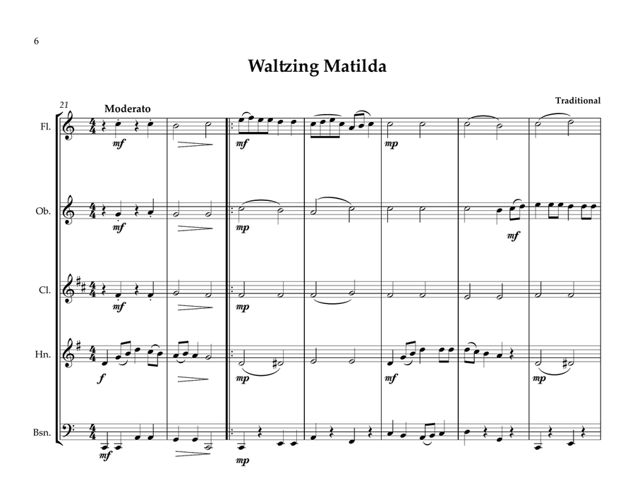 Australian National Anthem & Waltzing Matilda for Wind Quintet (World National Anthem Series) Woodwind Quintet scores gallery preview page 6