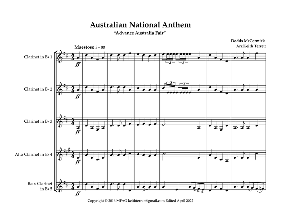 Australian National Anthem & Waltzing Matilda for Clarinet Quintet (National Anthem Series) Clarinet Quintet scores gallery preview page 2