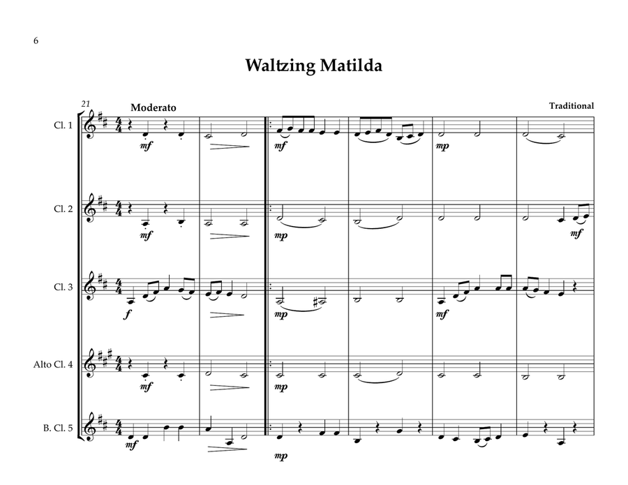 Australian National Anthem & Waltzing Matilda for Clarinet Quintet (National Anthem Series) Clarinet Quintet scores gallery preview page 6