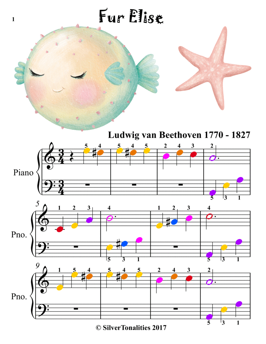 Fur Elise Easy Simplified Piano Sheet Music with Colored Notes by Ludwig van Beethoven Piano Method Digital Sheet Music Sheet Music Plus