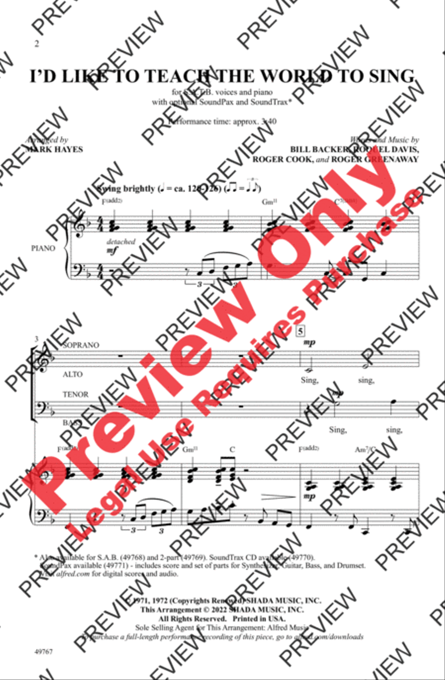 I'd Like to Teach the World to Sing 4-Part scores gallery preview page 2