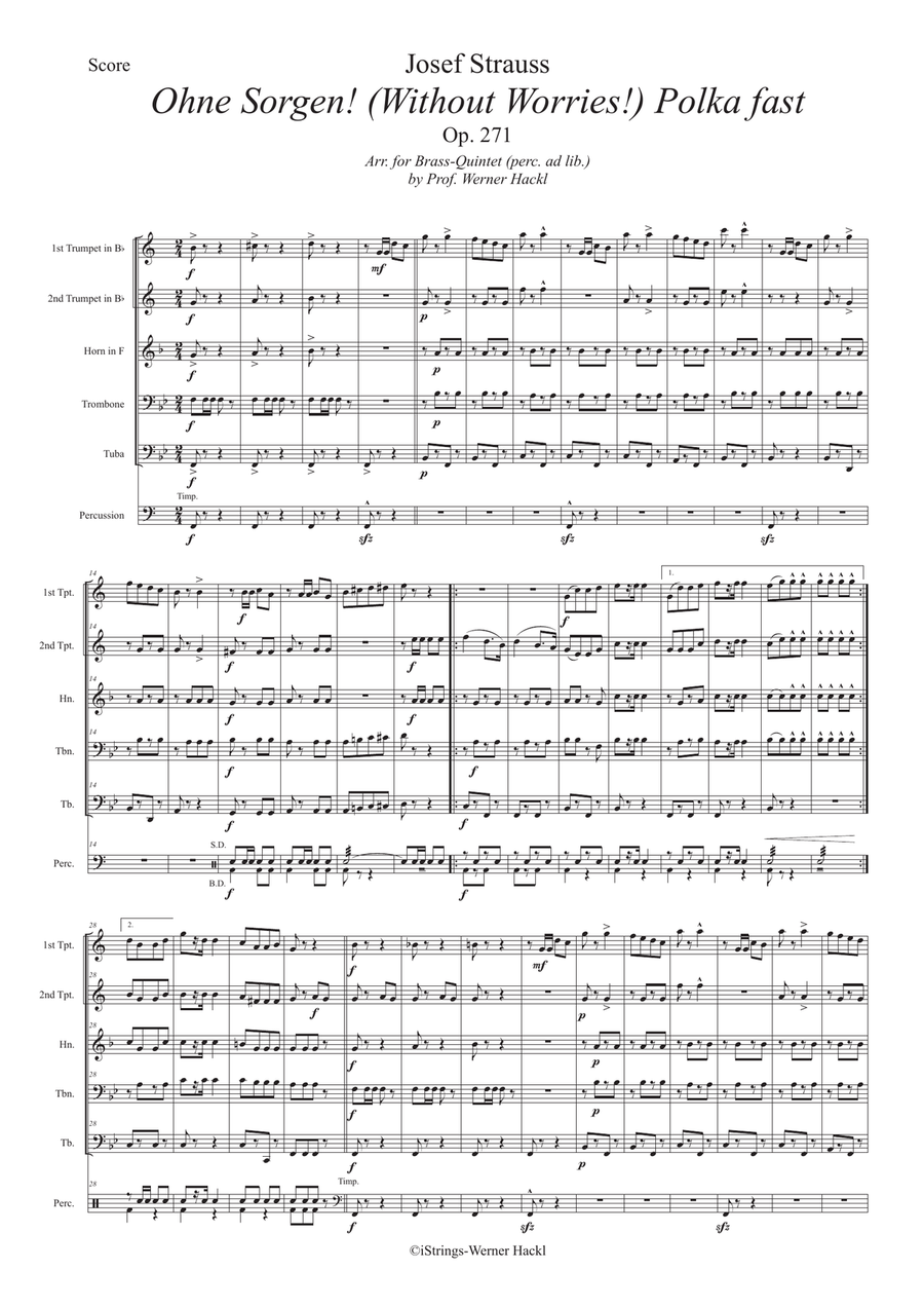 Ohne Sorgen! (Without Worries) Polka fast Op. 271 for brass quintet Concert Band scores gallery preview page 2
