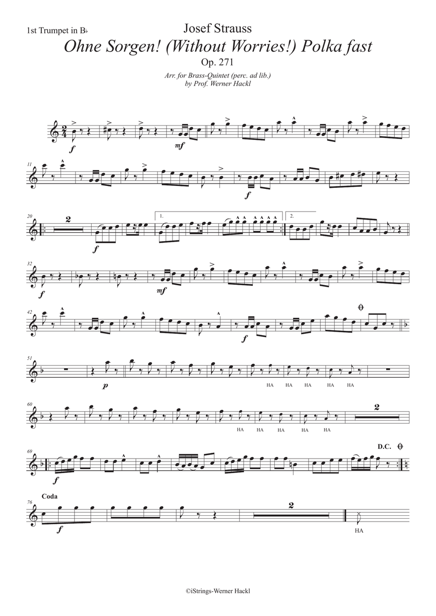 Ohne Sorgen! (Without Worries) Polka fast Op. 271 for brass quintet Concert Band scores gallery preview page 4