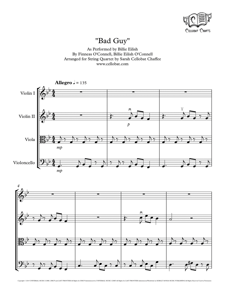 Bad Guy String Quartet scores gallery preview page 1
