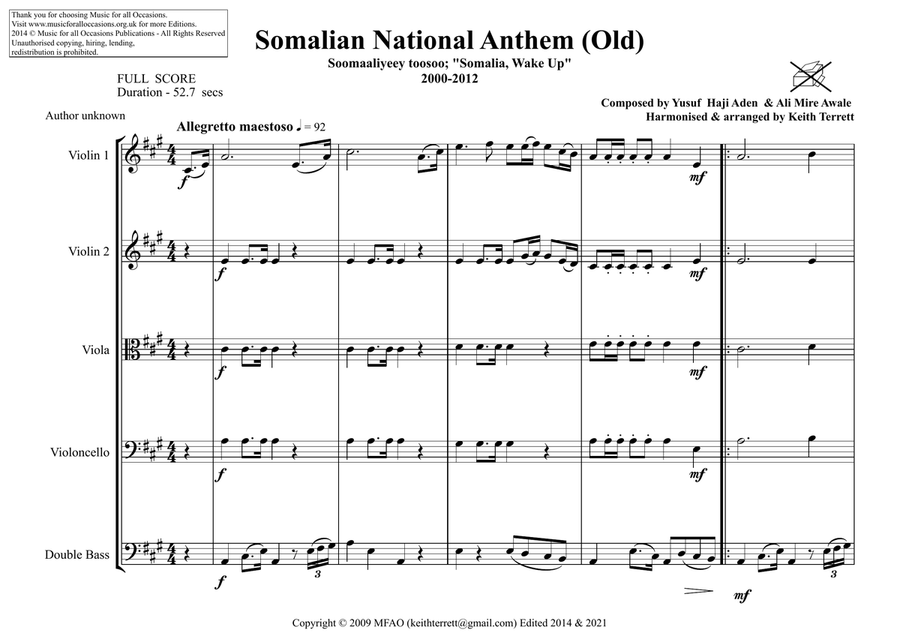 Somalian National Anthem for String Orchestra (Old & New) (MFAO World National Anthem Series) String Orchestra scores gallery preview page 2