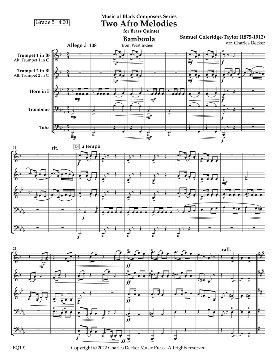 Two Afro Melodies: Bamboula and Take Nabandji for Brass Quintet Brass Quintet scores gallery preview page 2