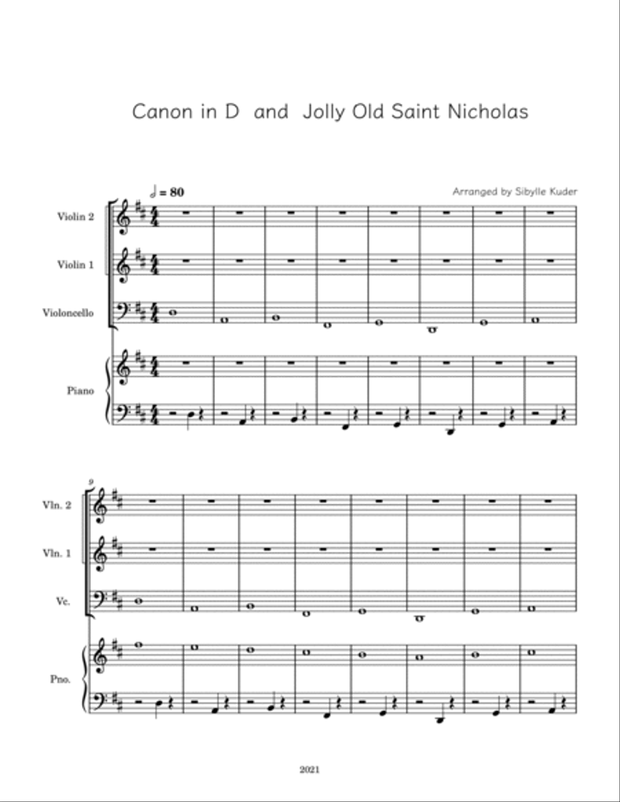 Canon in D and Jolly Old Saint Nicholas for piano, cello, and two violins Cello scores gallery preview page 2