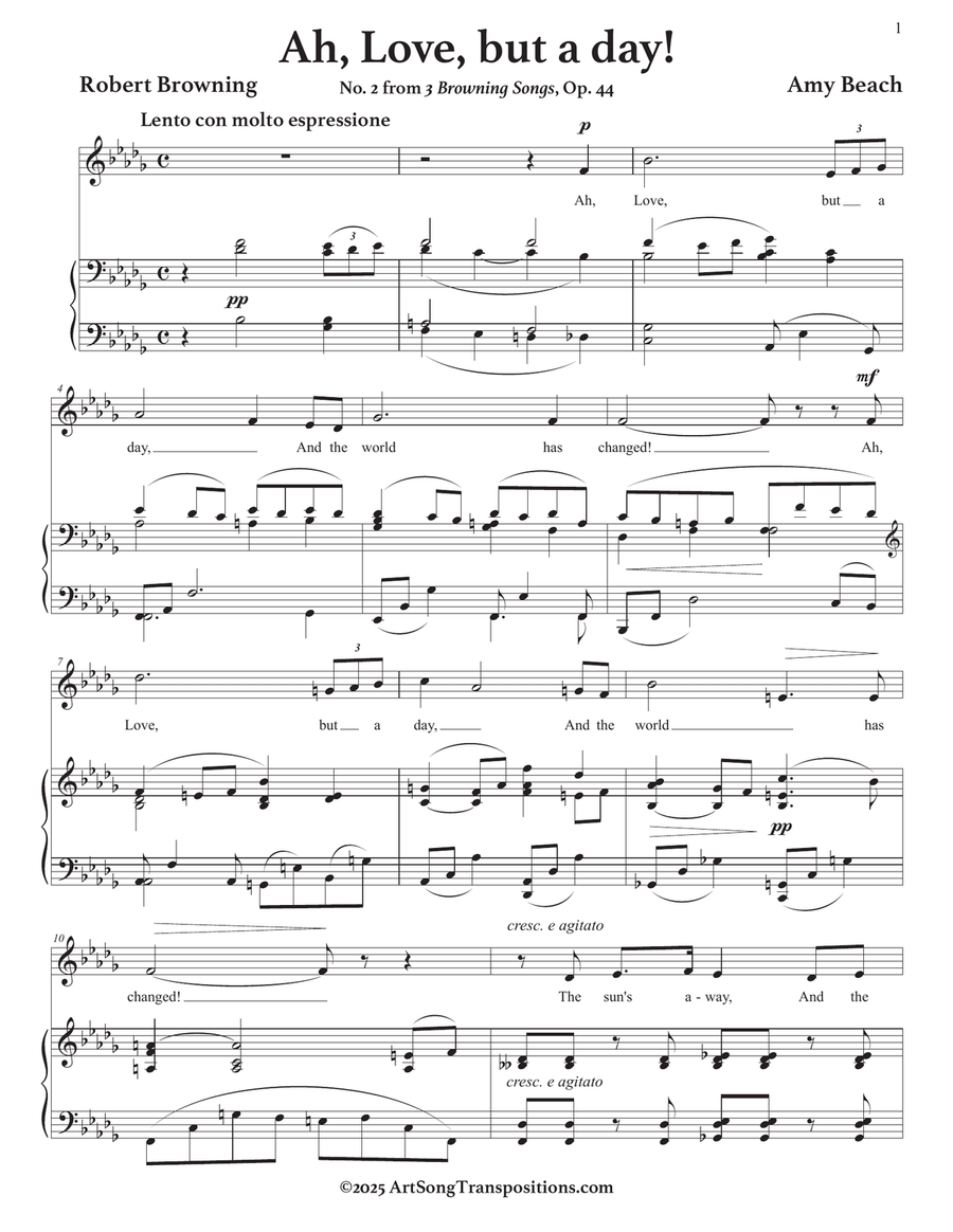BEACH: Ah, Love, but a day! Op. 44 no. 2 (transposed to B-flat minor) Piano, Vocal scores gallery preview page 2