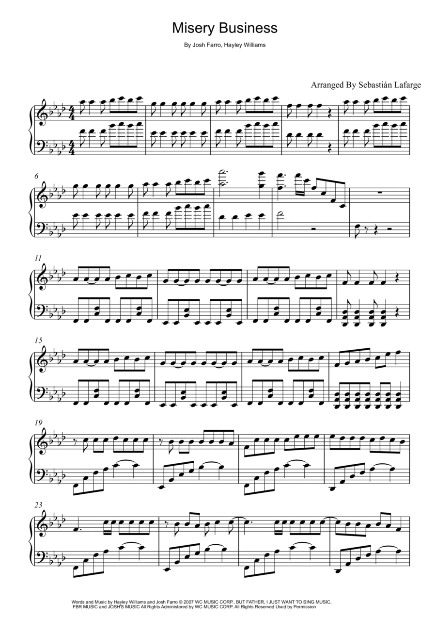 Misery Business Piano Solo scores gallery preview page 1