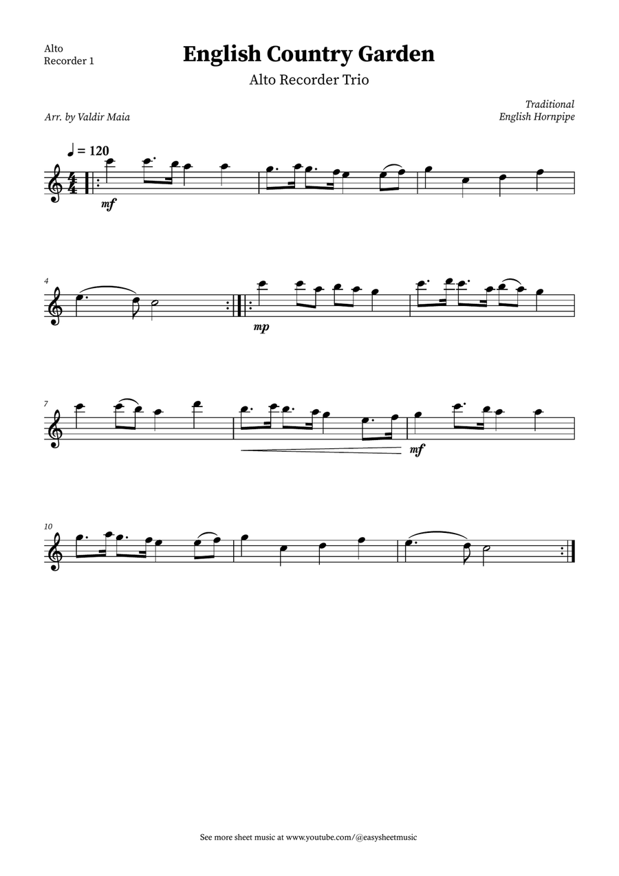 English Country Garden – Alto Recorder Trio Sheet Music (with Optional Piano) Alto Recorder scores gallery preview page 3